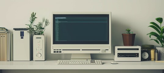 Retro computer set on table. Vintage technology. Generative AI technology.
