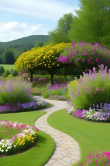 Obraz premium garden with flowers and trees
