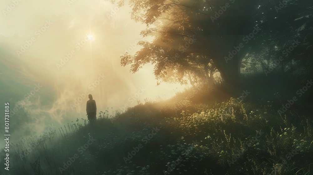Poster man in misty forest with sunrays piercing through - a serene image capturing a single man amidst a t