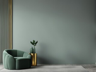  Grey green living room. Lounge area chair with an accent gold table and decor. Empty painted wall blank as background. Modern interior design room home or hotel. 3d rendering 