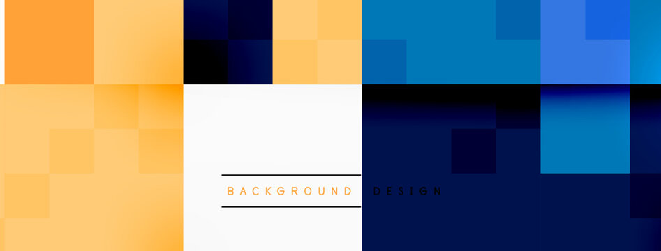 The logo features an electric blue background with a pattern of orange squares. A white rectangle and parallel lines in magenta and azure add contrast to the design