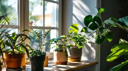 Healthy houseplants on a sunny windowsill, creating a fresh and vibrant indoor atmosphere.