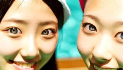 夏、プールで遊ぶ日本人のティーンエージャーの少女達