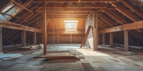 Unfinished attic space with exposed beams and sunlight pouring through a window, indicating renovation or construction.