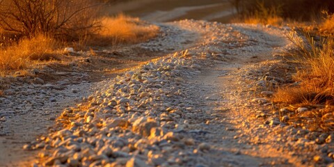 Golden sunlight illuminates a rocky desert path flanked by dry shrubs during sunset.