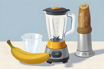 a blender with bananas and a measuring cup
