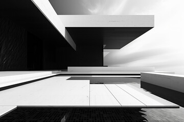 Minimalist geometric design focusing on the beauty of simplicity; use stark contrasts between black and white with strategic use of vibrant color accents; emphasize clarity and precision in a clean, m