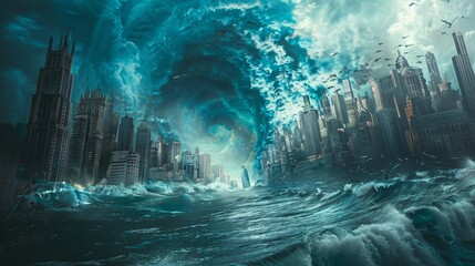 Apocalyptic Vision of a Metropolis Engulfed by a Giant Tsunami, Disaster Preparedness Theme