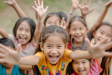 group of happy asian school children smiling and showing ok hand sign