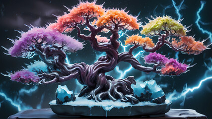 An ice bonsai in a parallel universe, adorned with brilliant incandescent colors, with lightning...
