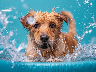 A cute, wet dog with splashes of water during a lively bath in a tub.