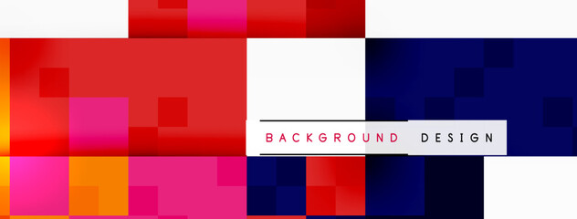 An artistic composition featuring a symmetrical pattern of rectangles in red, white, and blue hues. The materials used include magenta tinted and shaded squares, with an electric blue background