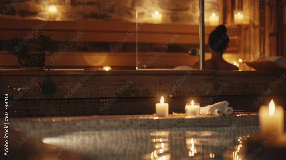 Poster a person using a sauna at night with the soft glow of candles adding to the relaxing ambiance..