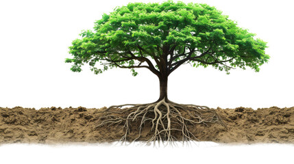 Big green tree with roots beneath