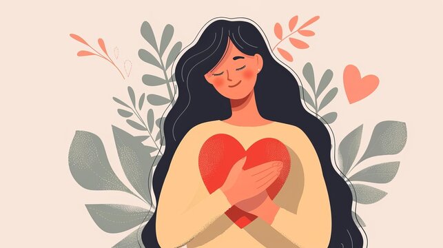 Woman with hand on kind heart, feeling self love, bliss, harmony, positive emotion Happy calm peaceful girl volunteer Care, humanity, self help and peace concept Colored flat vector illustration