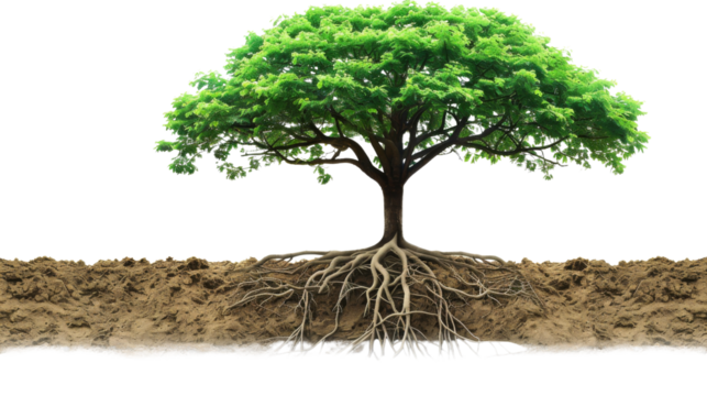 Big green tree with roots beneath