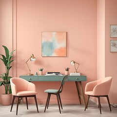  Workplace in Peach Fuzz 2025 color trend. Painted walls and rich furniture - chairs and table with lamp. Pastel painting background. Large home office or co working center. 3d render 