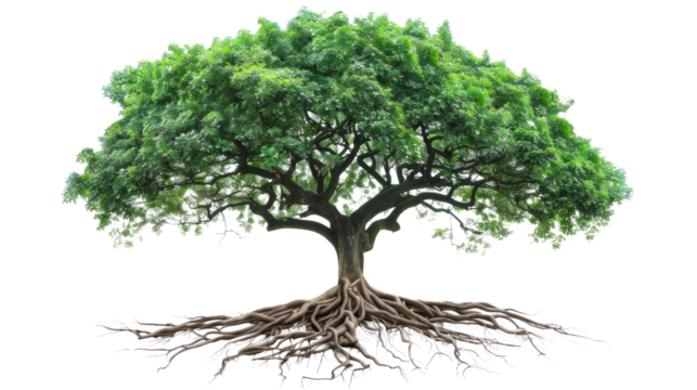 Big green tree with roots beneath