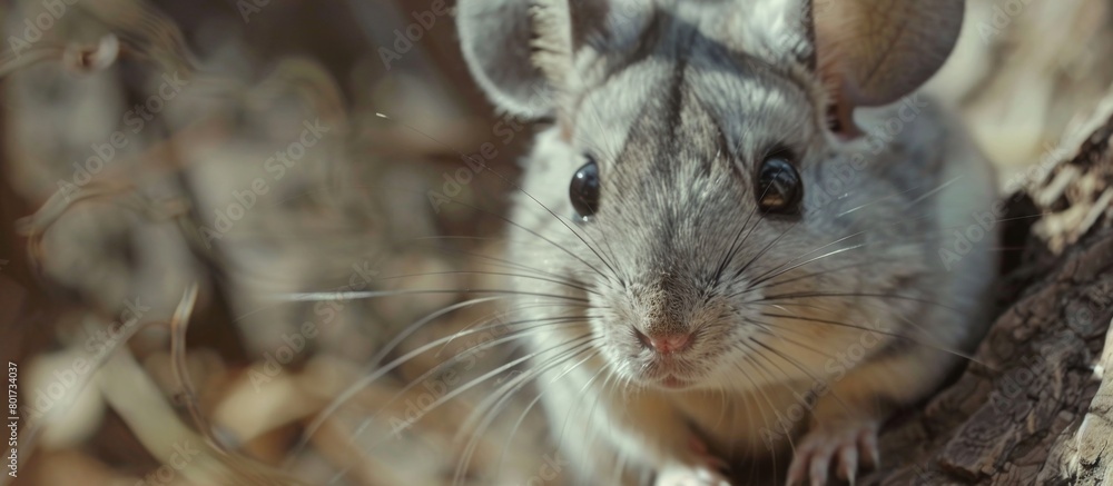 Poster A tiny mouse is sitting quietly on a slender tree branch in the forest, with its whiskers twitching in the gentle breeze