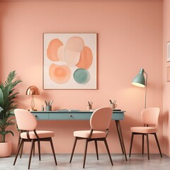  Workplace in Peach Fuzz 2025 color trend. Painted walls and rich furniture - chairs and table with lamp. Pastel painting background. Large home office or co working center. 3d render 