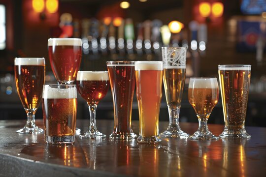 Assorted beer glasses, each distinct in shape and style, arranged on a pub table, reflecting the variety of brewing cultures from around the world.