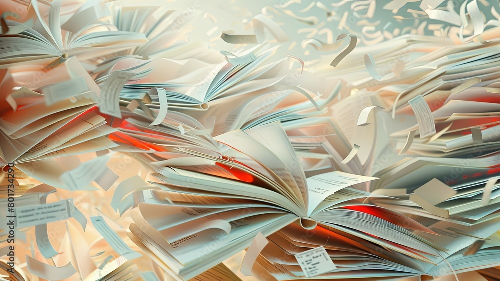 Poster whirlwind of colorful flying open books - dynamic composition of colorful open books caught in a whi