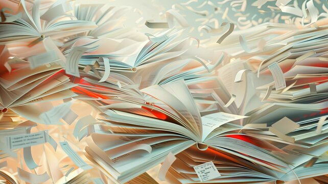 Whirlwind of colorful flying open books - Dynamic composition of colorful open books caught in a whimsical whirlwind against a soft backdrop