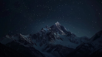 A dark night sky with snowcapped mountains, in a simple and atmospheric style.  
