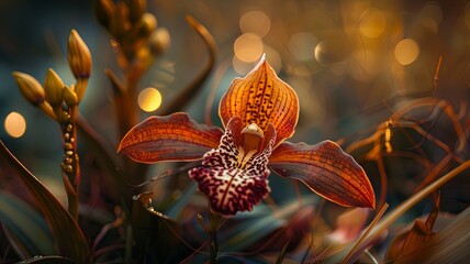 Exotic Spotted Orchid Among Golden Light - Mystical single spotted orchid basked in golden light, evoking a sense of discovery and wonder