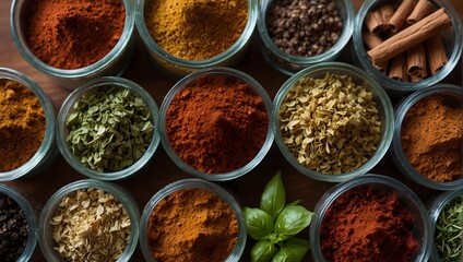 A collection of assorted herbs and spices, including basil, cinnamon, and chili flakes, arranged on a kitchen counter, representing culinary diversity ai_generated