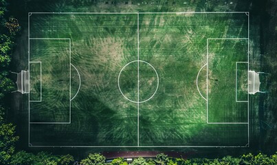 Aerial view of a soccer field with lush green grass - Top-down drone shot of a soccer field, emphasizing the geometric white lines and symmetry of the grassy pitch used for sports