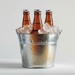 beer bottles bucket of ice on white background