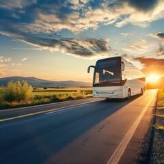 modern bus, mountain road landscape