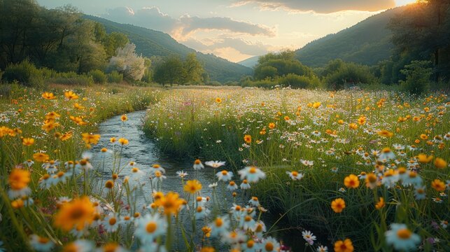 A peaceful meadow filled with colorful wildflowers and tall grass swaying in the breeze.