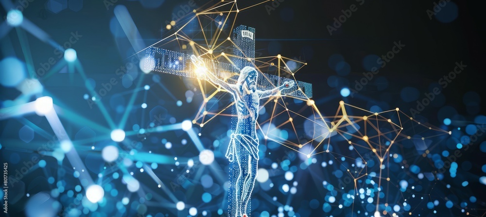 Poster digital hologram of crucifixion of jesus christ on bokeh technology background. christian religion c