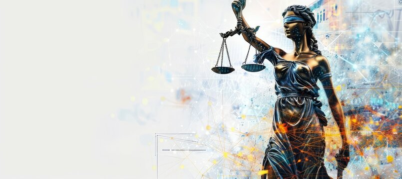 Statue lady of justice on bokeh copy space background. Law judgment equality. Generative AI technology.
