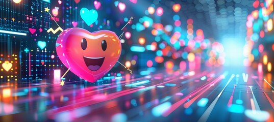 Smile heart 3D icon emoji on virtual space technology background. Valentine love concept. Generative AI technology.	

