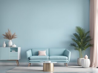  Pastel light color - interior accent. Sky blue of walls and furniture. Modern reception or lounge area of ​​the house. Living room interior mockup design. 3d rendering 