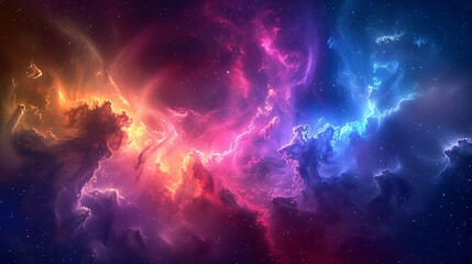 Celestial Burst, An explosion of colorful cosmic dust fills the sky, blending into a vibrant nebula of blues, purples, and reds, capturing the vastness and beauty of the universe.