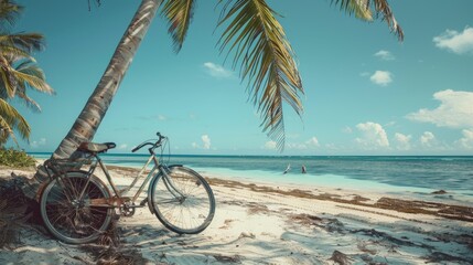 A bicycle with its tire against a palm tree on the beach, under a cloudy sky with water in the background, blending with nature AIG50