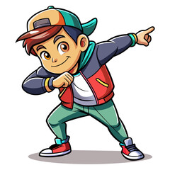 Show a trendy, cool boy striking a confident dabbing pose, wearing stylish streetwear with a baseball cap turned backward, exuding a fun and youthful vibe