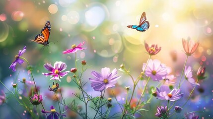 colorful cosmos flowers and butterflies in sunlit meadow vibrant spring nature macro illustration
