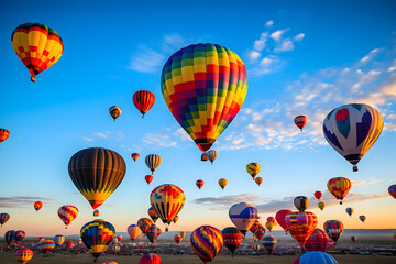 Fototapeta premium Hot air balloons fly over the city of Albuquerque, New Mexico.