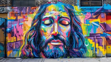 colorful graffiti art depicting jesus on urban building facade religious street art digital painting
