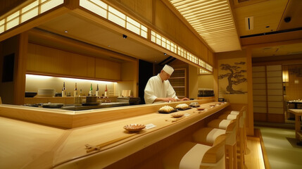 高級割烹で寿司を握る日本の和食職人　伝統とおもてなしを感じる上質な和の空間