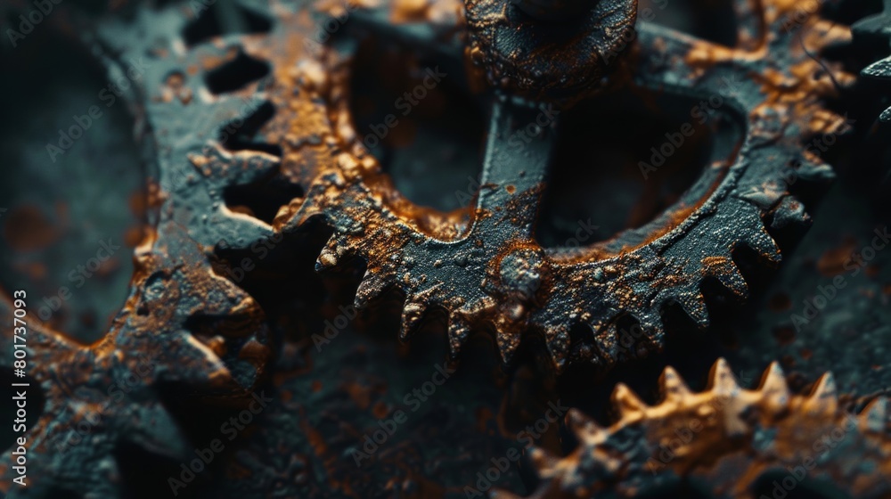 Poster macro shot of old, rusty mechanical gears with intricate details.