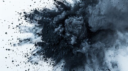 Charcoal Patterns, Black particles splash across a white backdrop, creating an abstract pattern of smoke, dust, and powder, capturing the raw beauty of texture and movement.