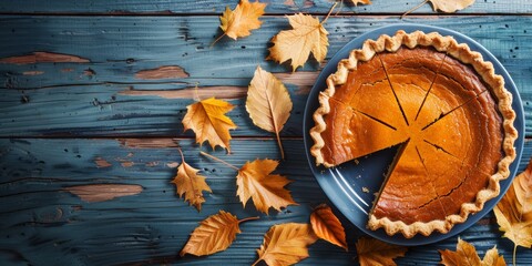 Freshly baked pumpkin pie sliced on a plate with autumn leaves on a blue wooden background.
