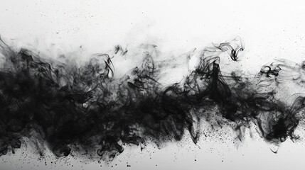 Charcoal Patterns, Black particles splash across a white backdrop, creating an abstract pattern of smoke, dust, and powder, capturing the raw beauty of texture and movement.