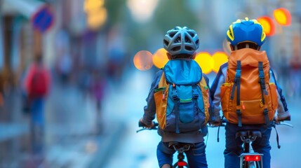 Two kids with backpacks and helmets biking on a city street at dusk, amidst glowing lights. - Powered by Adobe